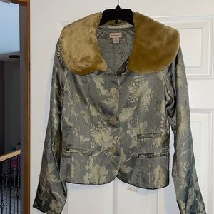 Silk tapestry print jacket with faux fur collar